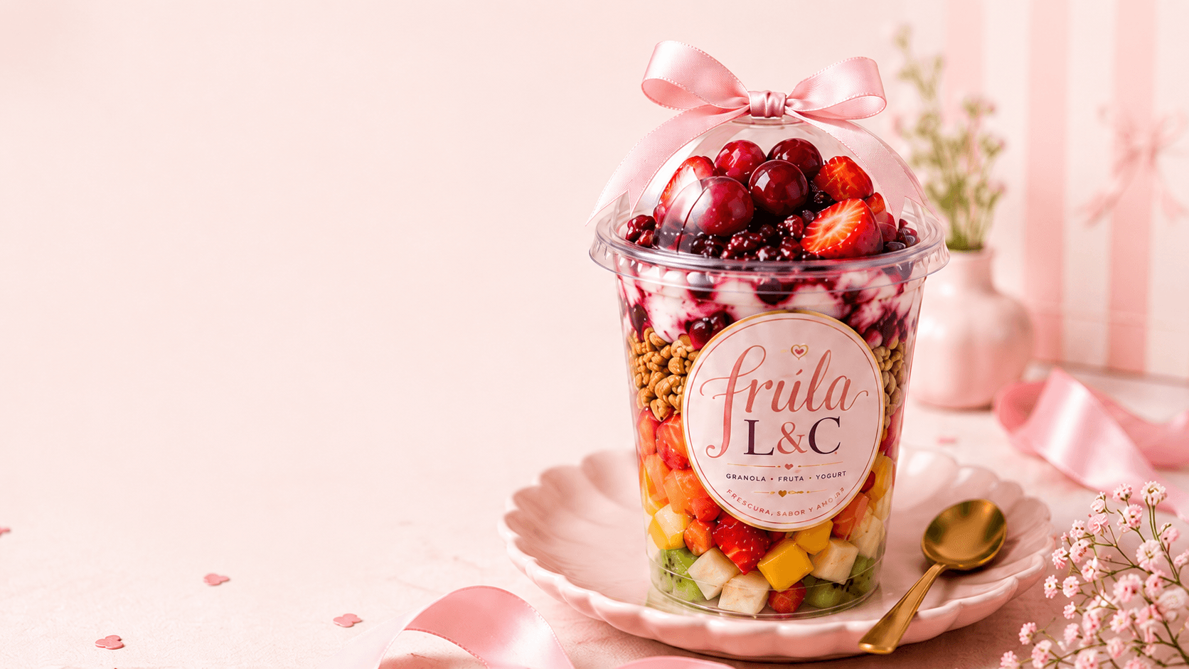 Detalle de vasito premium con frutas tropicales.